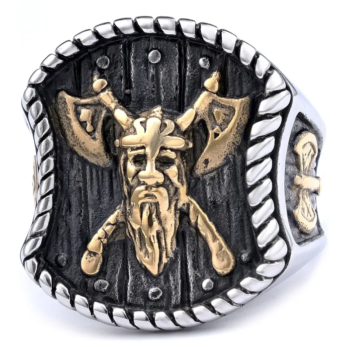 Wholesale Viking Style Stainless Steel Ring | Two-Tone Metal Nordic Mythology Portrait Jewelry for Men | Trendy Fashion Accessory Bulk Supply