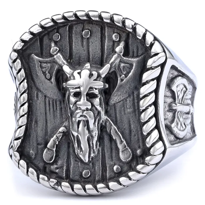 Wholesale Viking Style Stainless Steel Ring | Two-Tone Metal Nordic Mythology Portrait Jewelry for Men | Trendy Fashion Accessory Bulk Supply