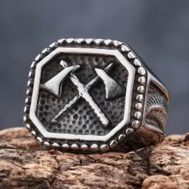 Wholesale Viking Warrior Axe Feather Totem Ring | Nordic Mythology Stainless Steel Ring for Men | Bold Fashion Jewelry Bulk Supply - Jewelryto