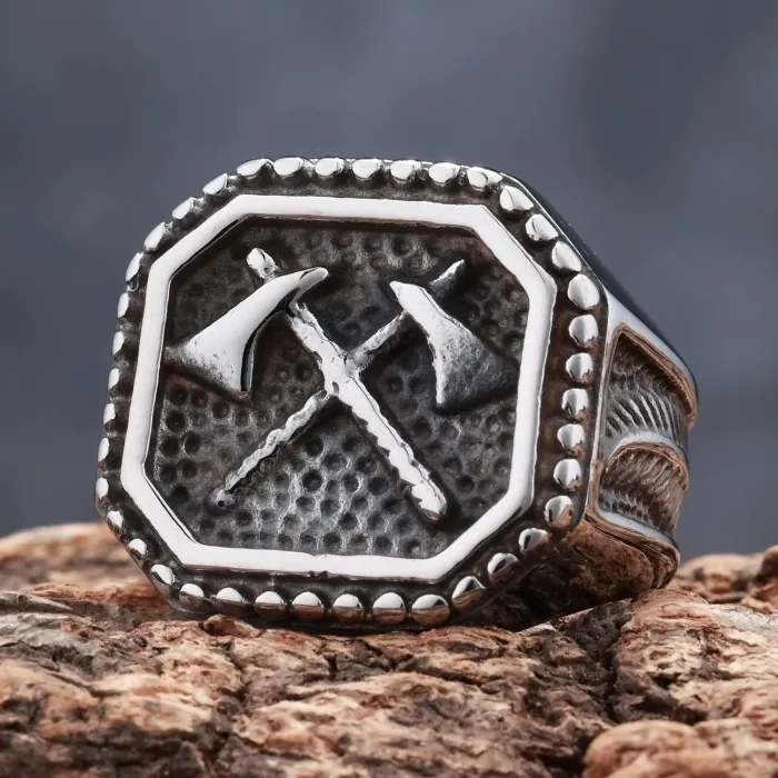 Wholesale Viking Warrior Axe Feather Totem Ring | Nordic Mythology Stainless Steel Ring for Men | Bold Fashion Jewelry Bulk Supply