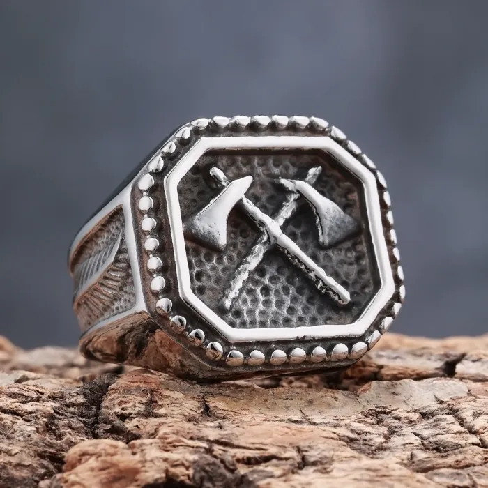 Wholesale Viking Warrior Axe Feather Totem Ring | Nordic Mythology Stainless Steel Ring for Men | Bold Fashion Jewelry Bulk Supply