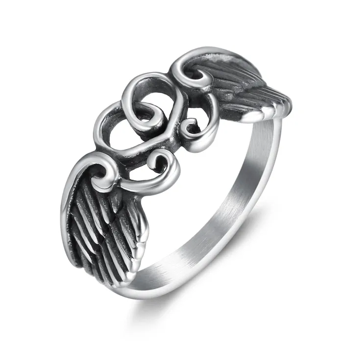 Wholesale Punk Heart Wing Ring for Women – Titanium Steel Antique Silver Finish | Fashion Jewelry Supplier BR1571