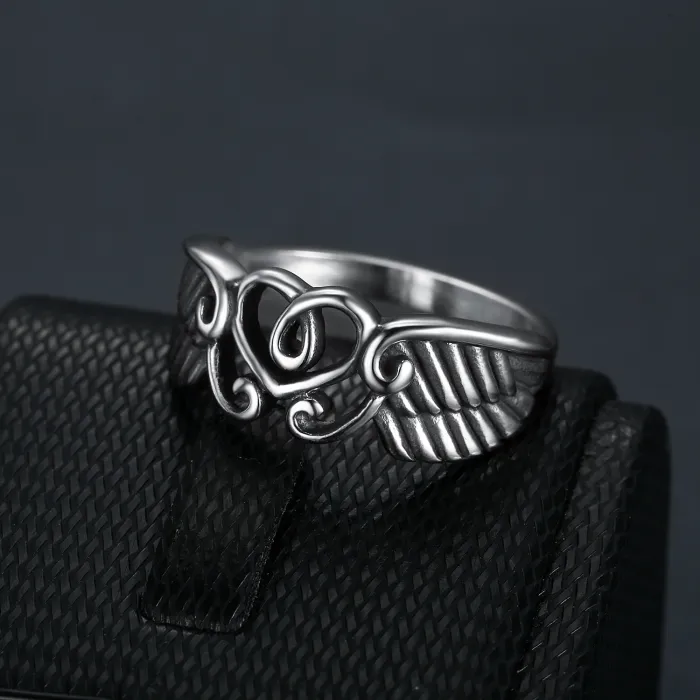 Wholesale Punk Heart Wing Ring for Women – Titanium Steel Antique Silver Finish | Fashion Jewelry Supplier BR1571