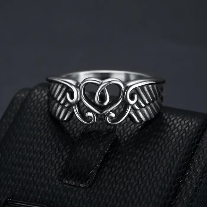 Wholesale Punk Heart Wing Ring for Women – Titanium Steel Antique Silver Finish | Fashion Jewelry Supplier BR1571