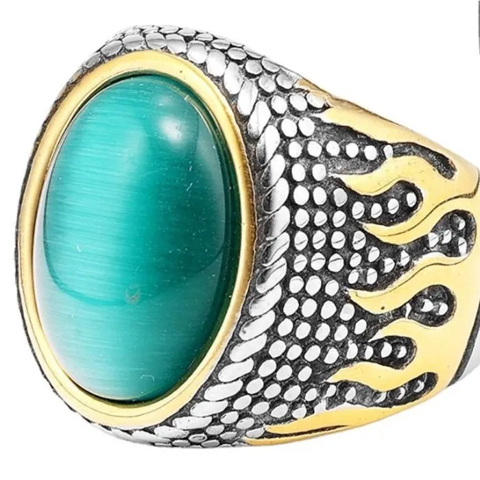 Wholesale Vintage Flame Gold-Tone Titanium Steel Men's Gemstone Ring – Bold and Stylish, Ready Stock for Bulk Supply