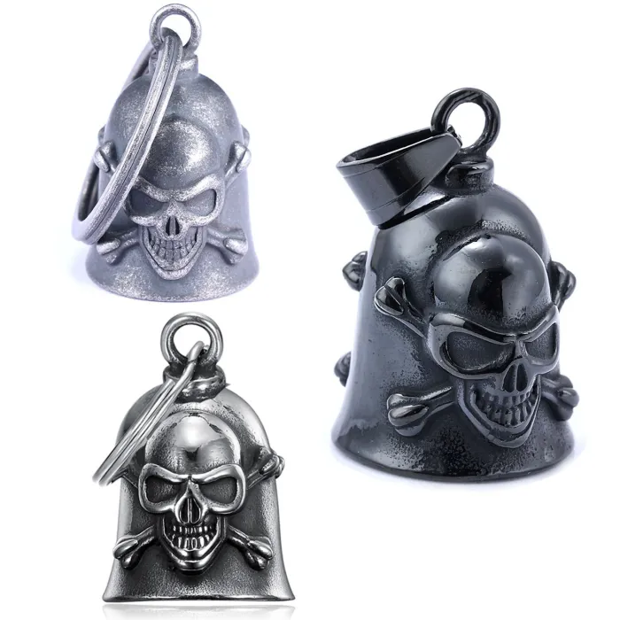 Wholesale Gothic Skull Cross Bell Pendant Necklace – Vintage Polished Biker Style Men’s Jewelry | Stainless Steel Statement Piece in Bulk