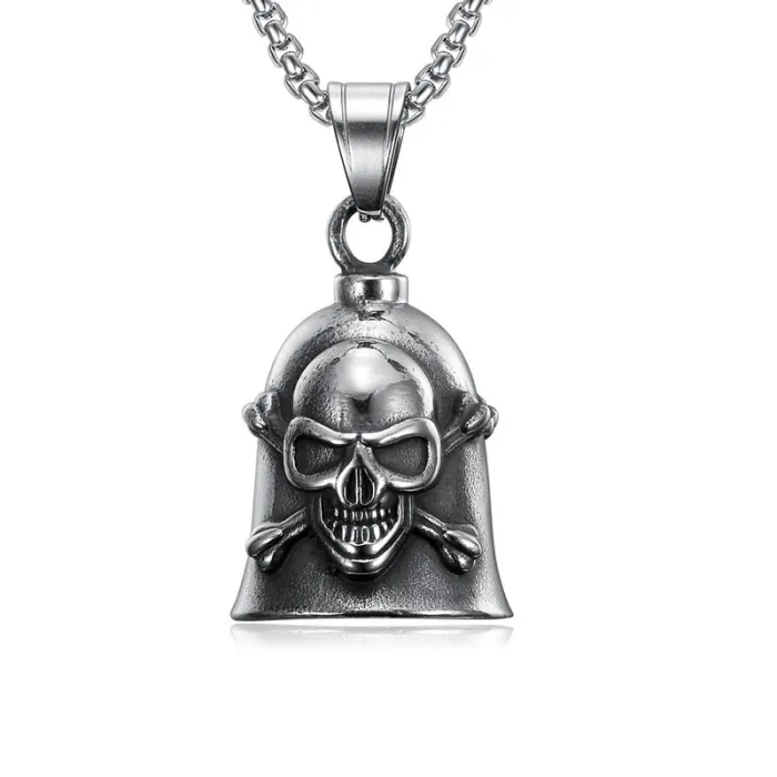 Wholesale Gothic Skull Cross Bell Pendant Necklace – Vintage Polished Biker Style Men’s Jewelry | Stainless Steel Statement Piece in Bulk
