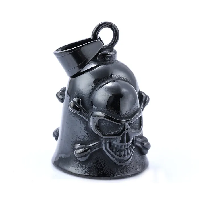 Wholesale Gothic Skull Cross Bell Pendant Necklace – Vintage Polished Biker Style Men’s Jewelry | Stainless Steel Statement Piece in Bulk