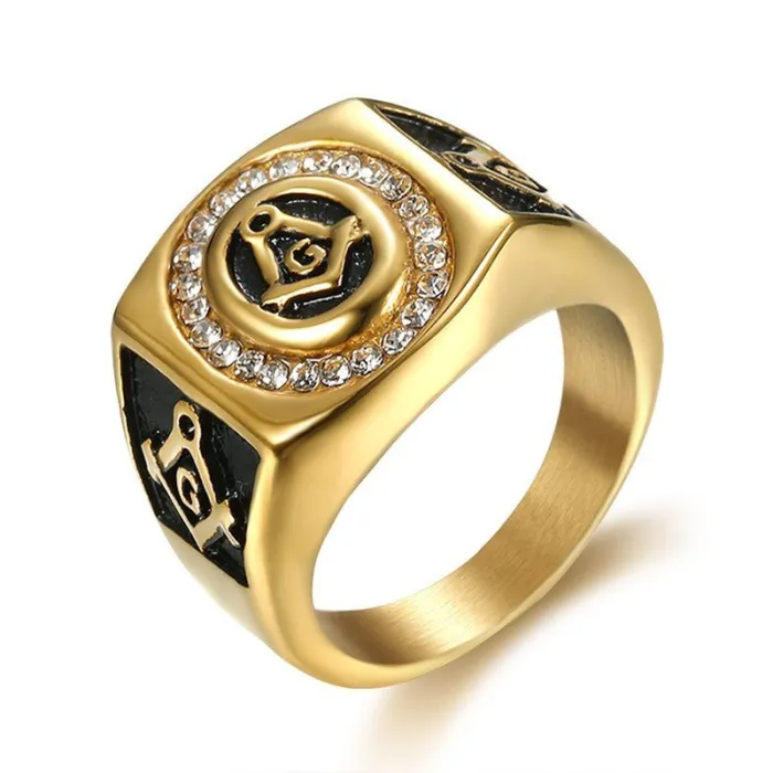 Wholesale Masonic AG Symbol Ring – Vintage Gold Gemstone Stainless Steel Freemason Ring for Men, Gothic Style Bulk Jewelry