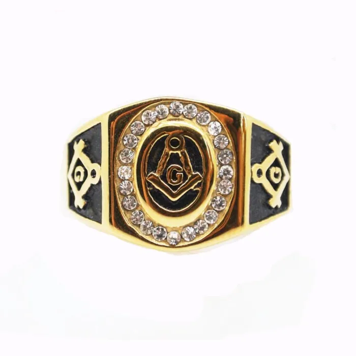 Wholesale Masonic AG Symbol Ring – Vintage Gold Gemstone Stainless Steel Freemason Ring for Men, Gothic Style Bulk Jewelry