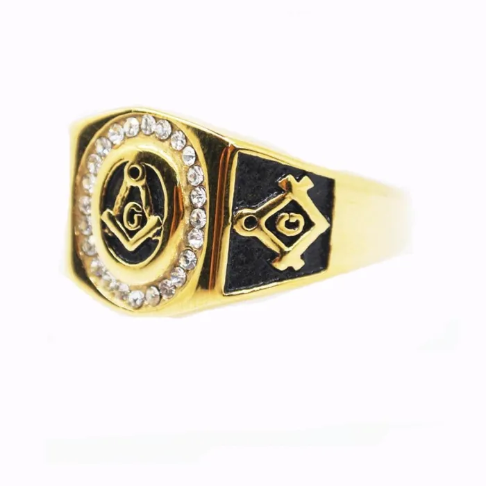 Wholesale Masonic AG Symbol Ring – Vintage Gold Gemstone Stainless Steel Freemason Ring for Men, Gothic Style Bulk Jewelry