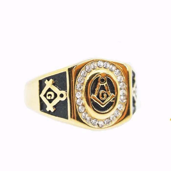Wholesale Masonic AG Symbol Ring – Vintage Gold Gemstone Stainless Steel Freemason Ring for Men, Gothic Style Bulk Jewelry