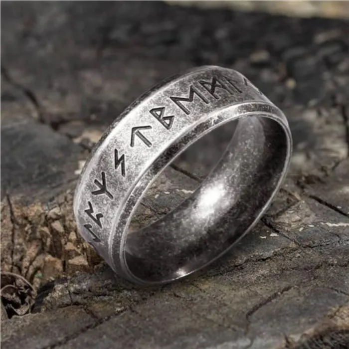 Wholesale Viking Rune Stainless Steel Ring – Vintage Oxidized Finish Stackable Band for Men, Gothic Nordic Style Bulk Jewelry