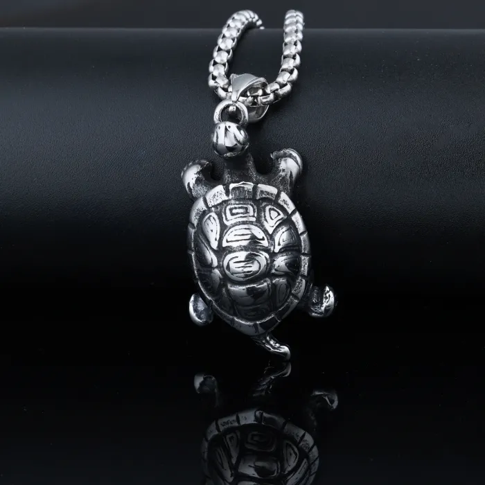 Wholesale Vintage Turtle Pendant Necklace – Stainless Steel Biker Style Jewelry for Men, Unique Retro Animal Charm, In Stock Bulk Supply