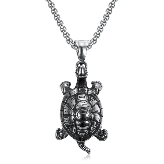 Wholesale Vintage Turtle Pendant Necklace – Stainless Steel Biker Style Jewelry for Men, Unique Retro Animal Charm, In Stock Bulk Supply