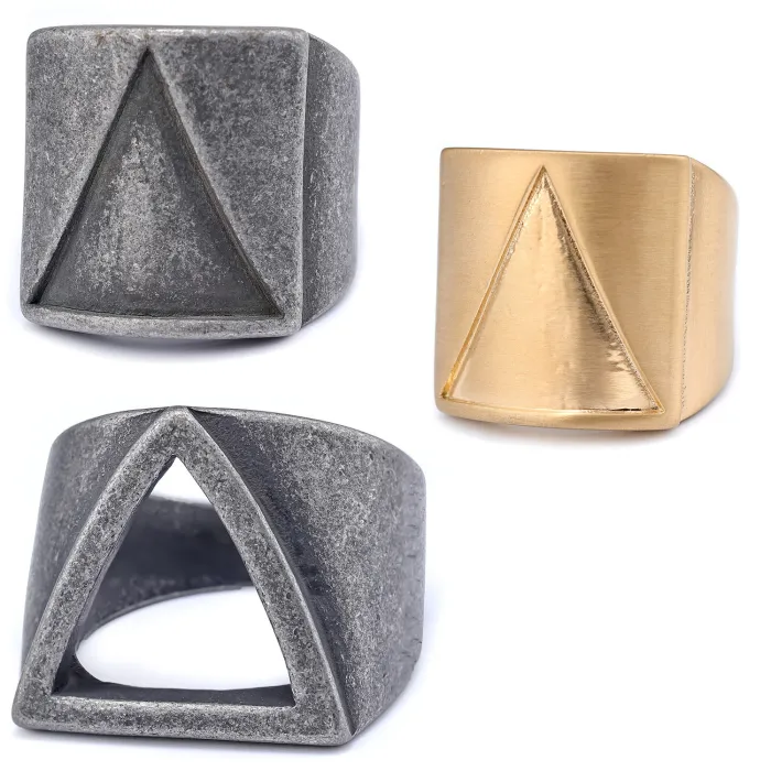 Wholesale Geometric Men's Rings – Triangle & Square Designs in Vintage Silver Stainless Steel | Bulk at Factory Price