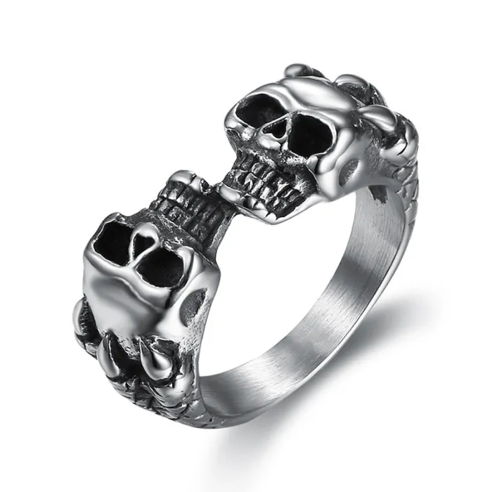 Wholesale Double Skull Rings – Unisex Titanium & Stainless Steel Jewelry | Bold Gothic Design, Bulk Supplier