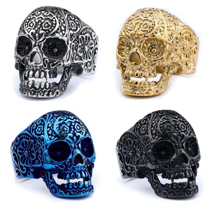 Wholesale Engraved Skull Rings – Gold, Blue, Black Stainless Steel | Trendy Fashion Design, Bulk Supplier In Stock