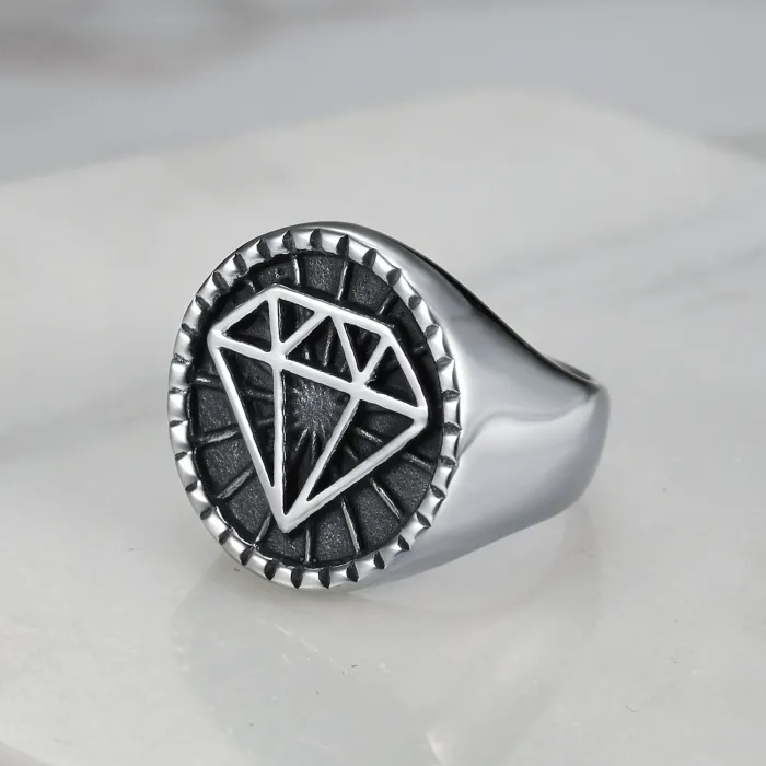 Wholesale 3D Diamond Logo Rings for Men – Heart-Shaped Punk Style in Stainless Steel | Vintage Fashion Bulk Supplier