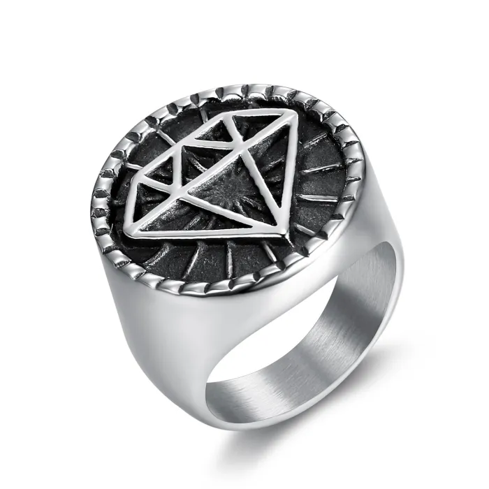 Wholesale 3D Diamond Logo Rings for Men – Heart-Shaped Punk Style in Stainless Steel | Vintage Fashion Bulk Supplier