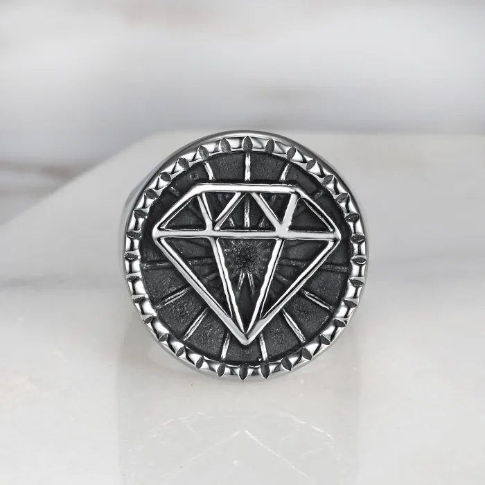 Wholesale 3D Diamond Logo Rings for Men – Heart-Shaped Punk Style in Stainless Steel | Vintage Fashion Bulk Supplier