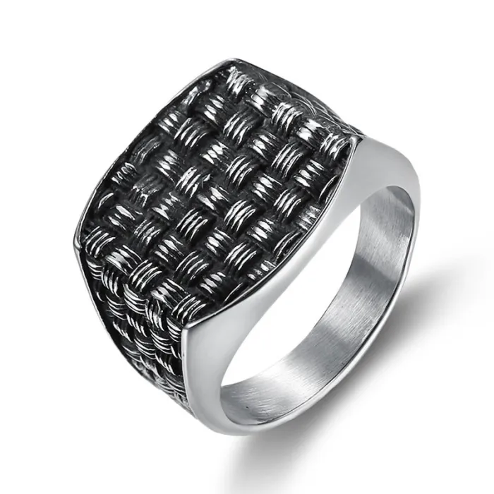 Wholesale Woven Mesh Rings for Men – Black Textured Titanium Steel Design | Vintage Style Jewelry, Bulk Supplier