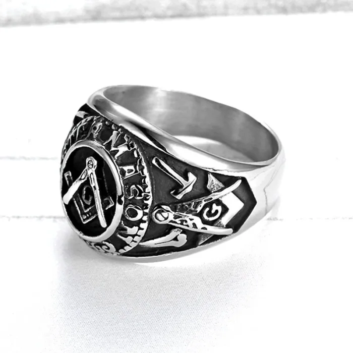 Wholesale Masonic Rings for Men – Vintage AG Symbol in Stainless/Titanium Steel | Trendy Travel-Style Jewelry, Bulk Supplier