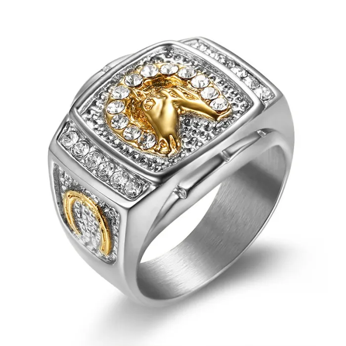 Wholesale Hip-Hop Horse Head Rings for Men – Gold-Plated & Rhinestone Titanium Steel | Trendy Jewelry, Bulk Supplier