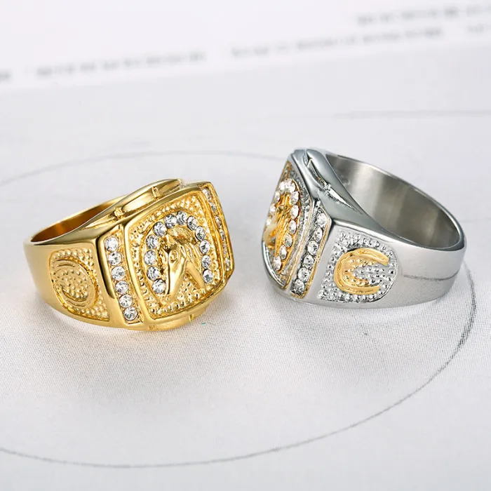 Wholesale Hip-Hop Horse Head Rings for Men – Gold-Plated & Rhinestone Titanium Steel | Trendy Jewelry, Bulk Supplier