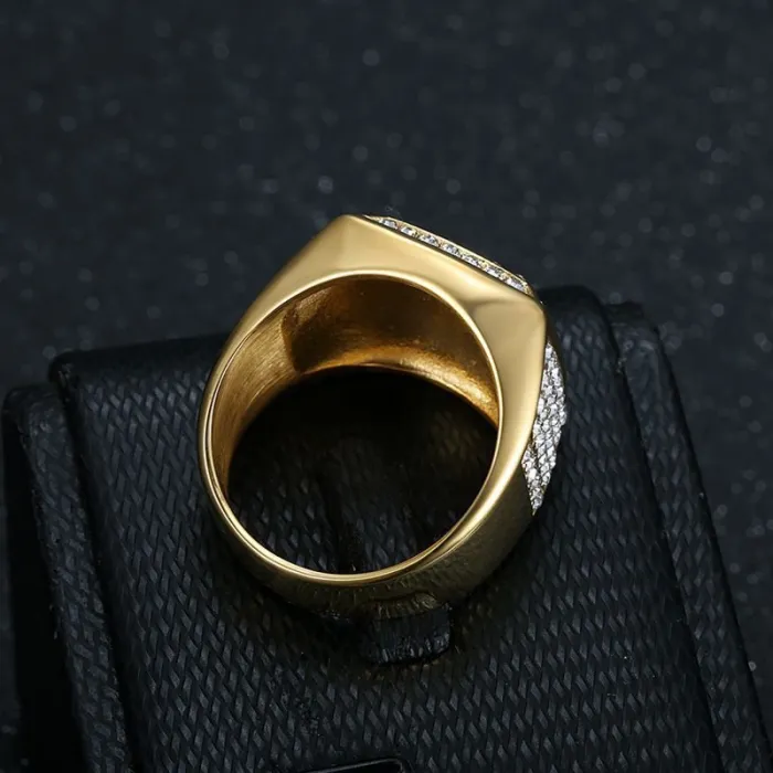 Wholesale HIPHOP BOSS Rings for Men – Gold-Plated Titanium Steel with Rhinestones | Streetwear Jewelry, Bulk Supplier