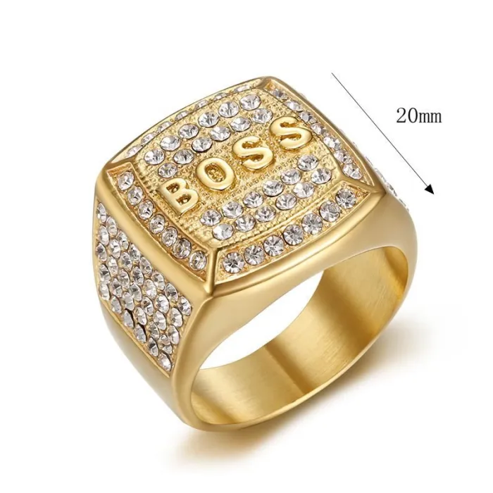 Wholesale HIPHOP BOSS Rings for Men – Gold-Plated Titanium Steel with Rhinestones | Streetwear Jewelry, Bulk Supplier