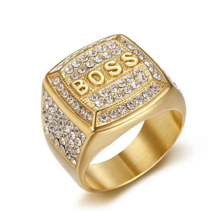Wholesale HIPHOP BOSS Rings for Men – Gold-Plated Titanium Steel with Rhinestones | Streetwear Jewelry, Bulk Supplier