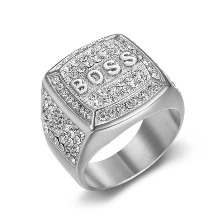 Wholesale HIPHOP BOSS Rings for Men – Gold-Plated Titanium Steel with Rhinestones | Streetwear Jewelry, Bulk Supplier