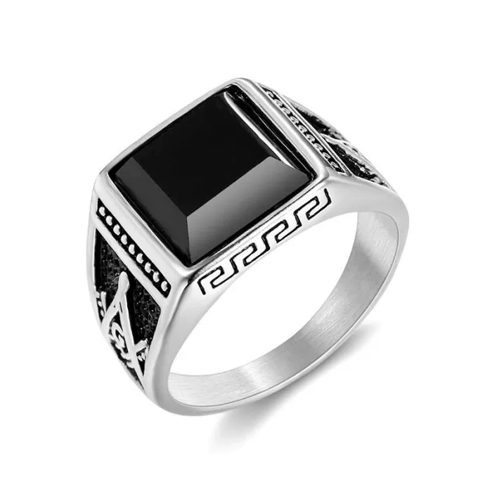 Wholesale Masonic Onyx Rings for Men – Gold-Plated AG Symbol in Color-Retaining Titanium Steel | Vintage Style, Bulk Supplier