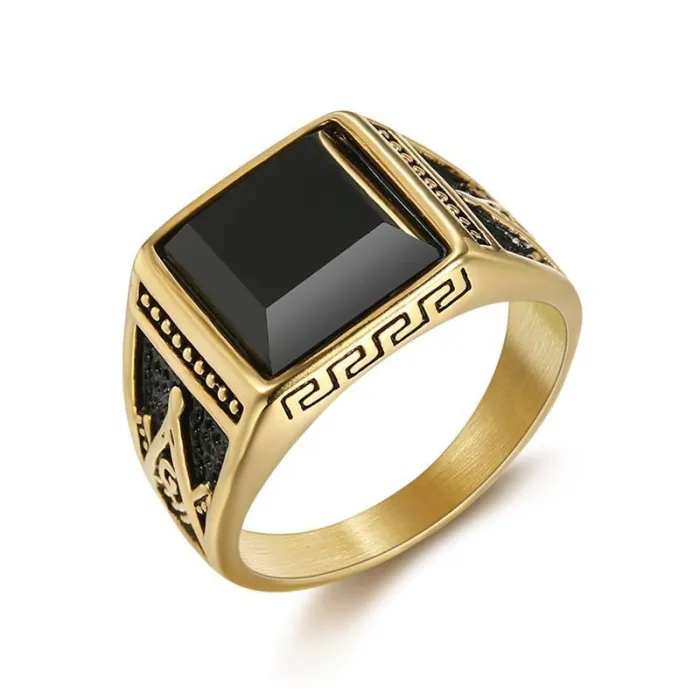 Wholesale Masonic Onyx Rings for Men – Gold-Plated AG Symbol in Color-Retaining Titanium Steel | Vintage Style, Bulk Supplier