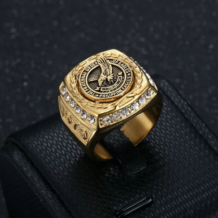 Wholesale Philippine Eagle Rings for Men – Gold-Plated Stainless Steel with Rhinestones | Bold Statement Jewelry, Bulk Supplier