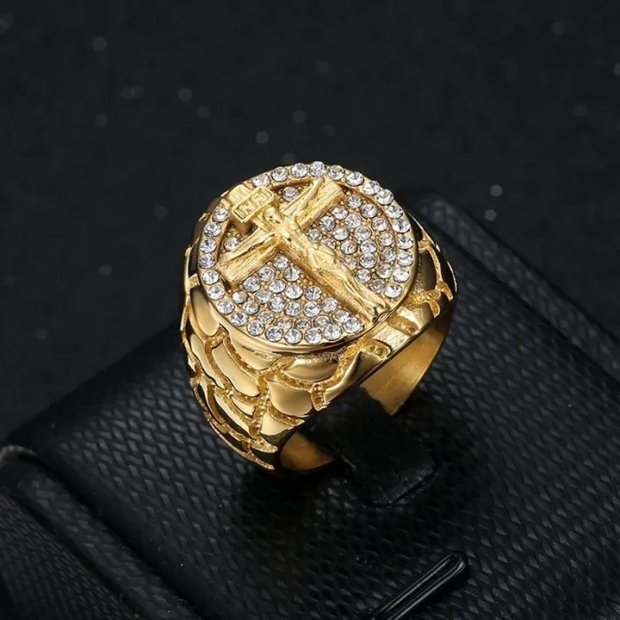 Wholesale HIPHOP Cross Rings for Men – Gold-Plated Titanium Steel with Rhinestones | Trendy Jewelry, Bulk Supplier
