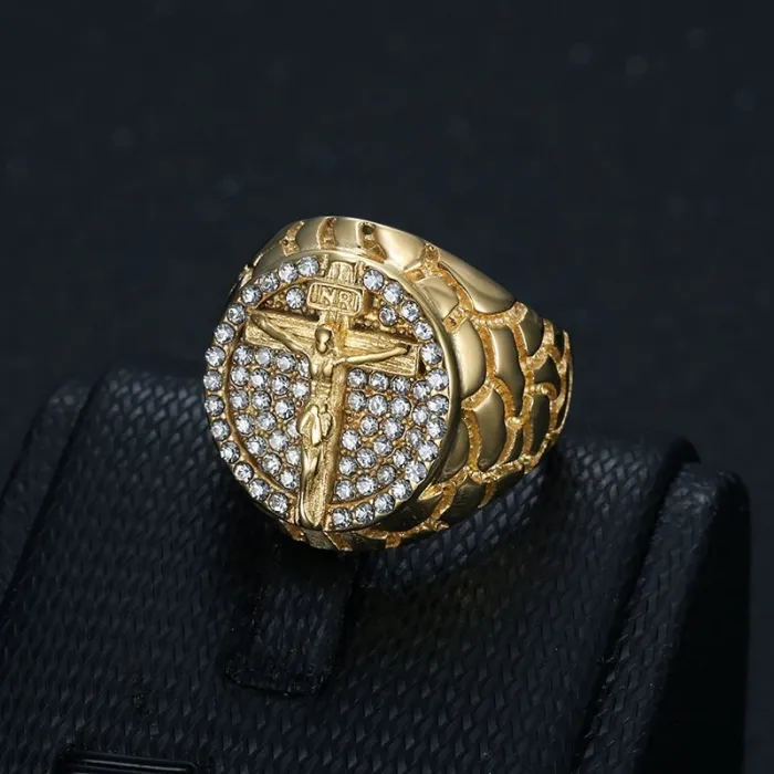 Wholesale HIPHOP Cross Rings for Men – Gold-Plated Titanium Steel with Rhinestones | Trendy Jewelry, Bulk Supplier