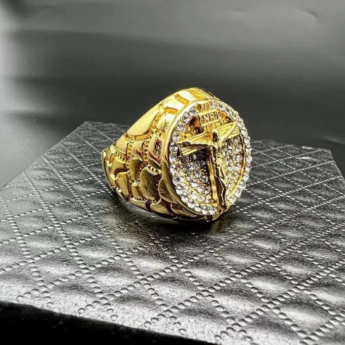 Wholesale HIPHOP Cross Rings for Men – Gold-Plated Titanium Steel with Rhinestones | Trendy Jewelry, Bulk Supplier