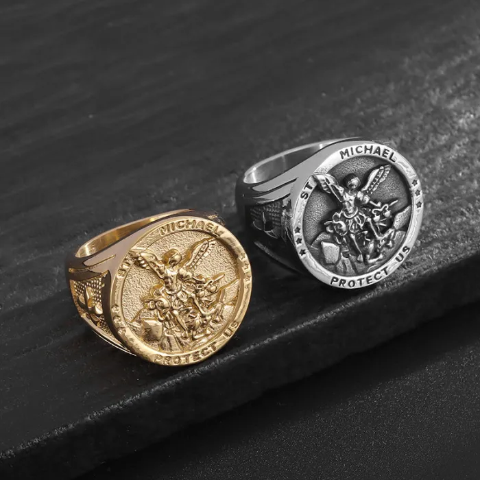 Wholesale Archangel Rings for Men – Gold-Plated HIPHOP Style in Titanium Steel | St. Clair Exorcism Design, Bulk Supplier