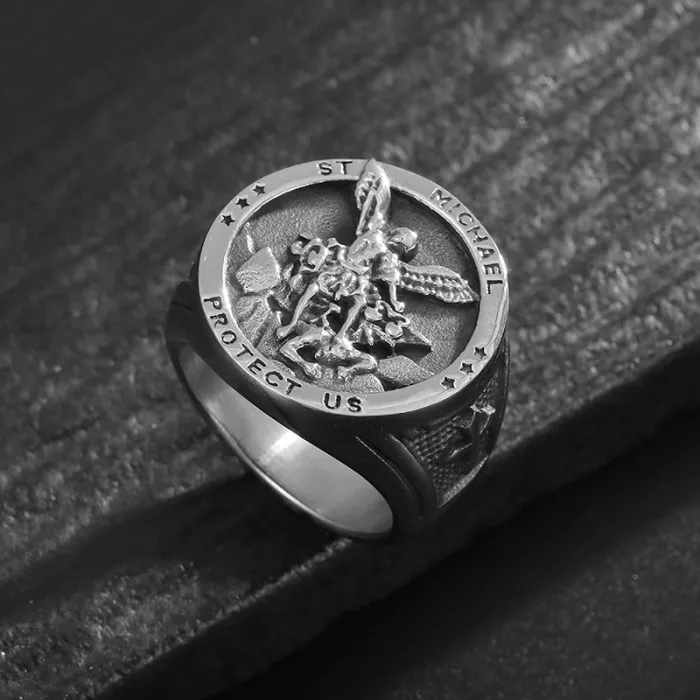 Wholesale Archangel Rings for Men – Gold-Plated HIPHOP Style in Titanium Steel | St. Clair Exorcism Design, Bulk Supplier