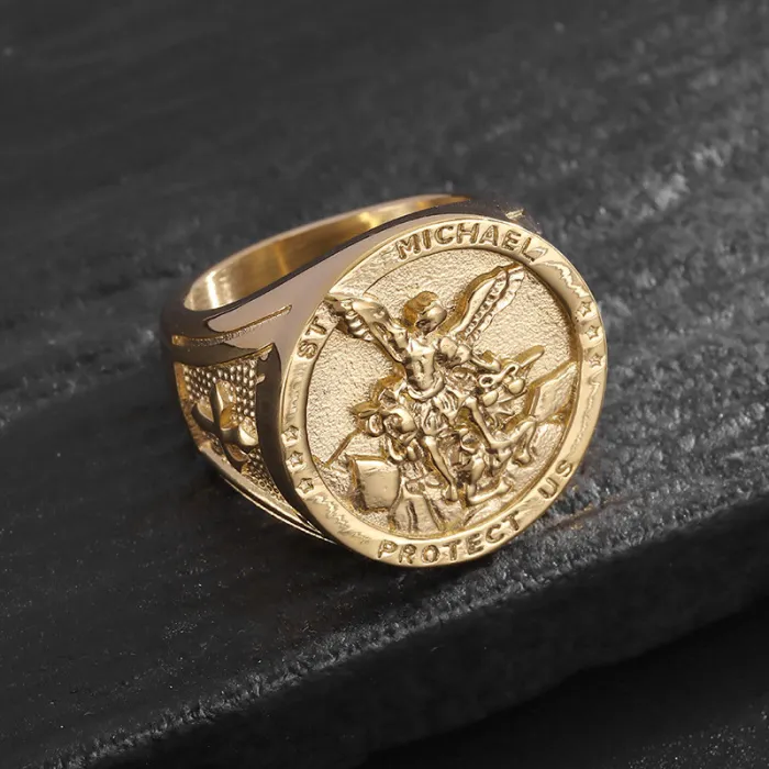 Wholesale Archangel Rings for Men – Gold-Plated HIPHOP Style in Titanium Steel | St. Clair Exorcism Design, Bulk Supplier