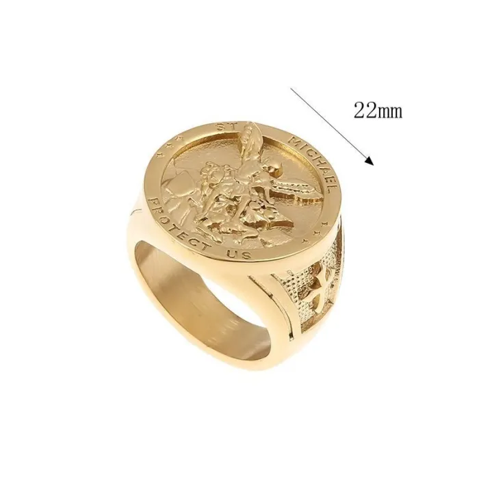 Wholesale Archangel Rings for Men – Gold-Plated HIPHOP Style in Titanium Steel | St. Clair Exorcism Design, Bulk Supplier