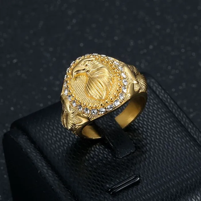 Wholesale Eagle HIPHOP Rings for Men – Two-Tone Gold-Plated Titanium Steel with Rhinestones | Animal Jewelry, Bulk Supplier