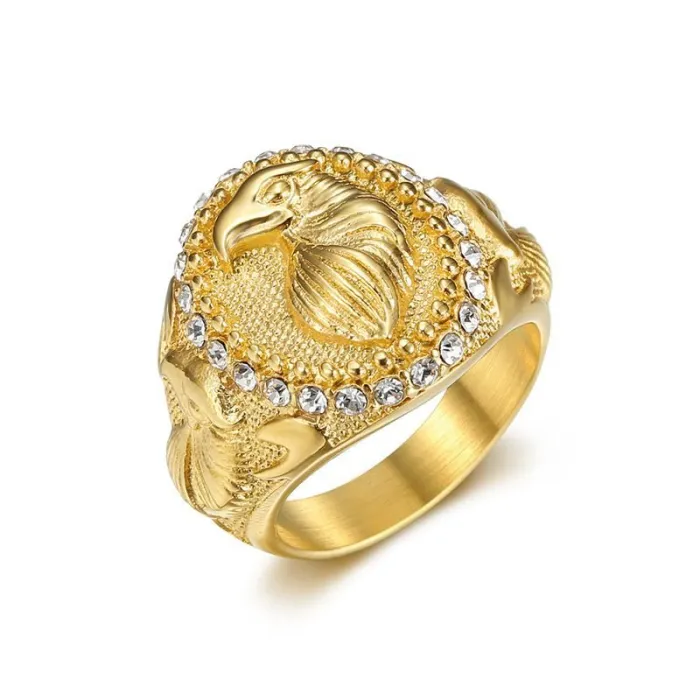 Wholesale Eagle HIPHOP Rings for Men – Two-Tone Gold-Plated Titanium Steel with Rhinestones | Animal Jewelry, Bulk Supplier