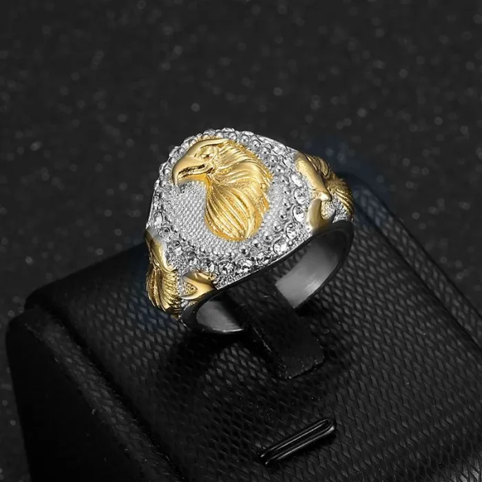 Wholesale Eagle HIPHOP Rings for Men – Two-Tone Gold-Plated Titanium Steel with Rhinestones | Animal Jewelry, Bulk Supplier