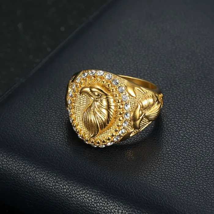 Wholesale Eagle HIPHOP Rings for Men – Two-Tone Gold-Plated Titanium Steel with Rhinestones | Animal Jewelry, Bulk Supplier
