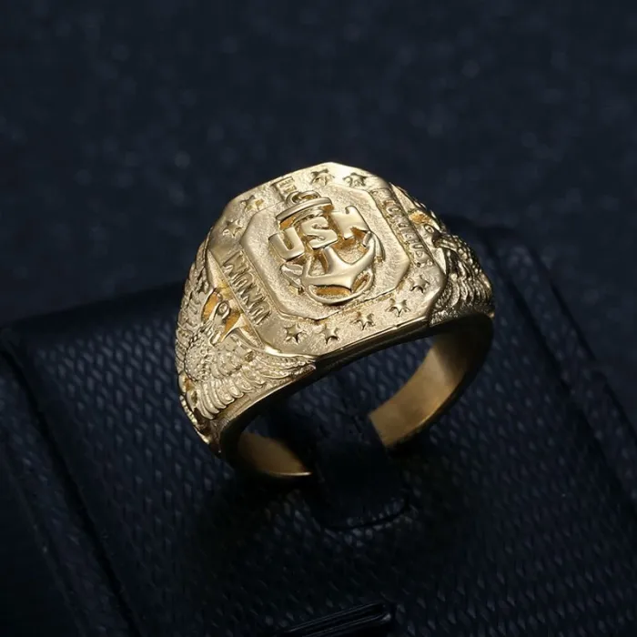 Wholesale USN Navy Rings for Men – Gold-Plated HIPHOP Eagle & Anchor Design in Titanium Steel | Military Jewelry, Bulk Supplier