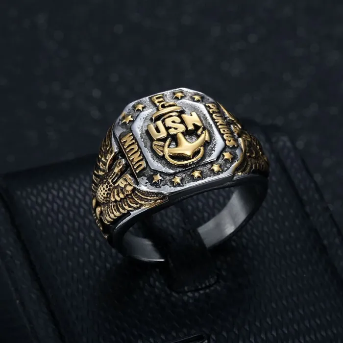 Wholesale USN Navy Rings for Men – Gold-Plated HIPHOP Eagle & Anchor Design in Titanium Steel | Military Jewelry, Bulk Supplier