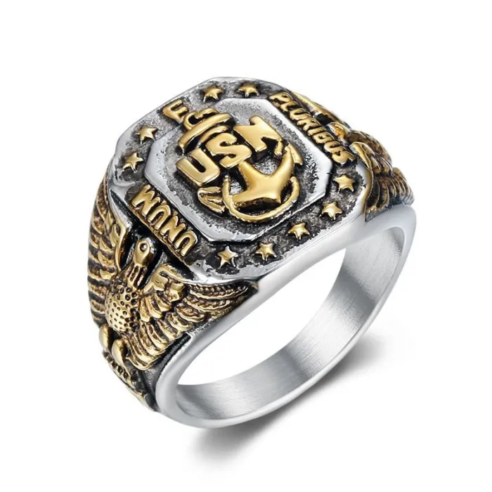 Wholesale USN Navy Rings for Men – Gold-Plated HIPHOP Eagle & Anchor Design in Titanium Steel | Military Jewelry, Bulk Supplier